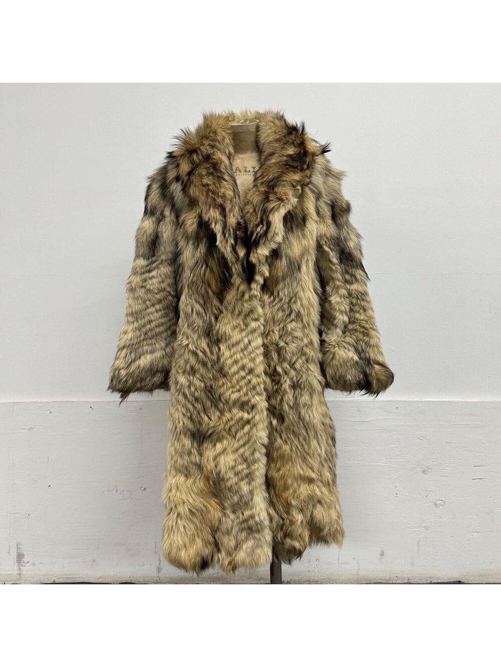 Vintage Chevron-Pieced Genuine Raccoon Fur Long Coat